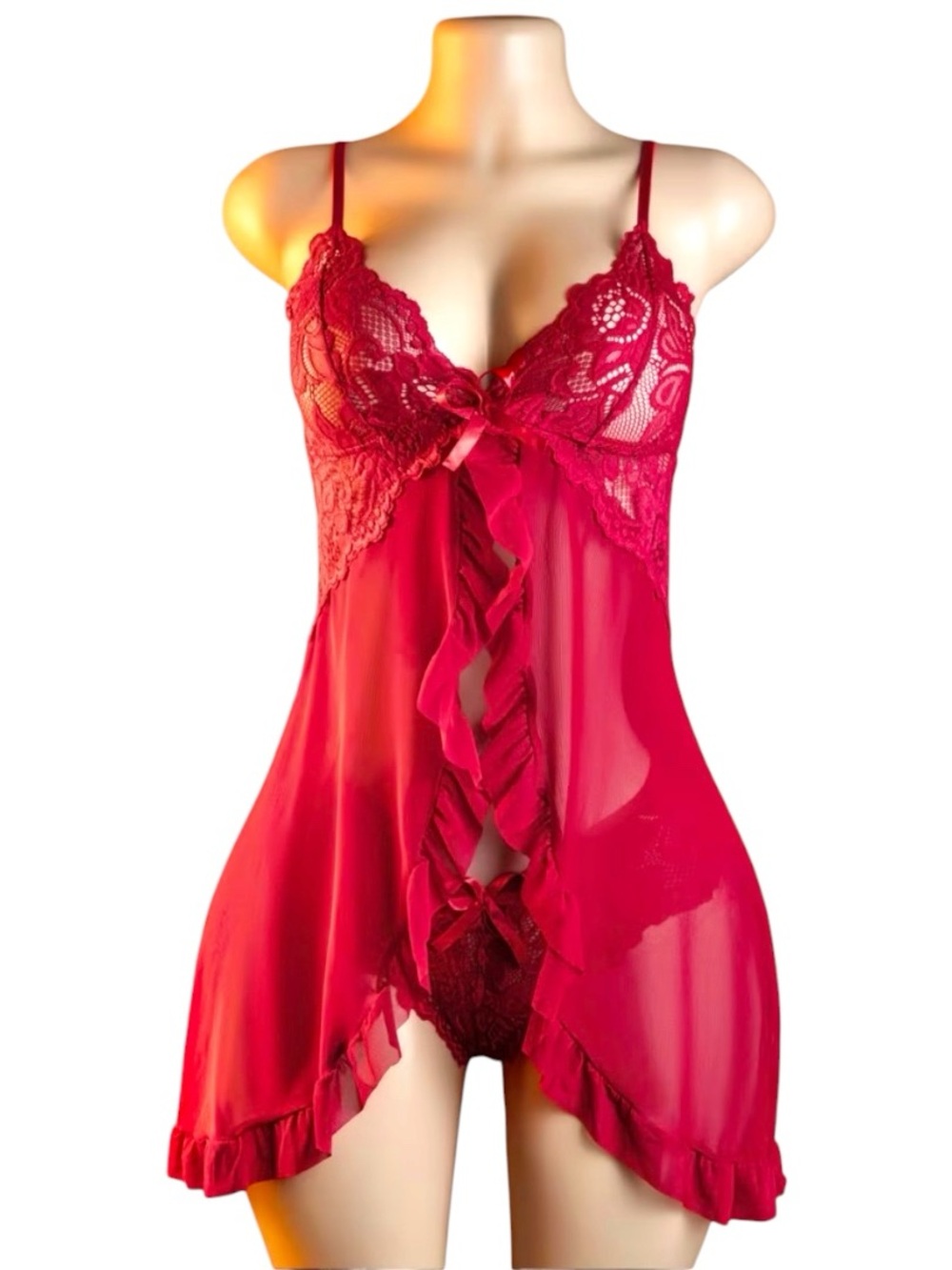 Sexy Red Lace Babydoll Lingerie Set Sheer Chemise Nightwear Sleepwear Women